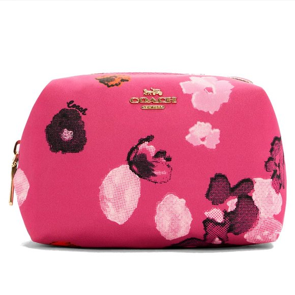 Coach Pink Floral Print Halftone Small Boxy Cosmetic Case